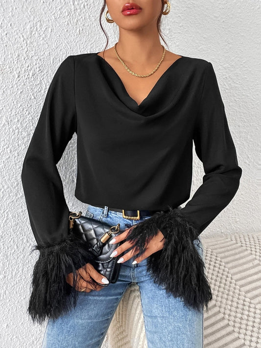 CM-TS420671 Women Elegant Seoul Style Draped Collar Fuzzy Cuff Blouse - Black