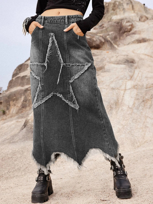 CM-BS381028 Women Preppy Seoul Style Punk Star Pattern Raw Hem Slant Pocket Denim Skirt