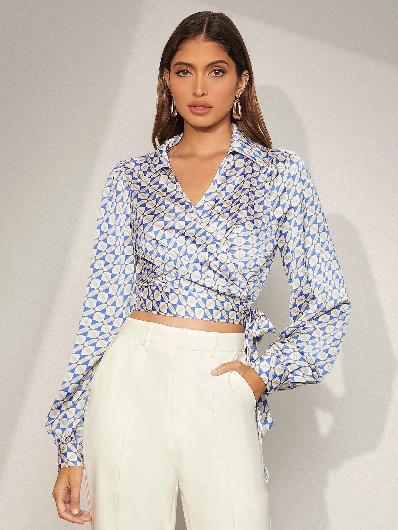 CM-TS101493 Women Elegant Seoul Style Allover Print Knot Side Wrap Blouse
