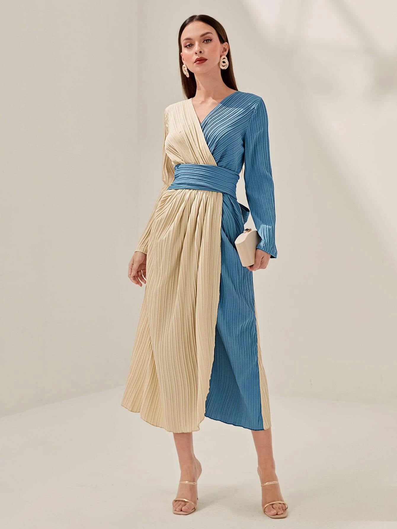 CM-DS658639 Women Casual Seoul Style Two Tone Pleated Panel Tie Back Wrap Hem Dress