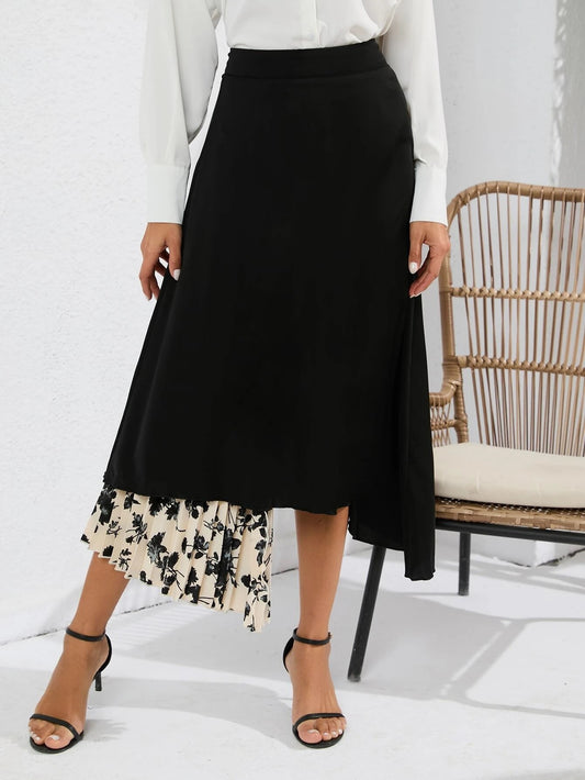 CM-BS580807 Women Trendy Bohemian Style Floral Print Asymmetrical Hem Skirt - Black