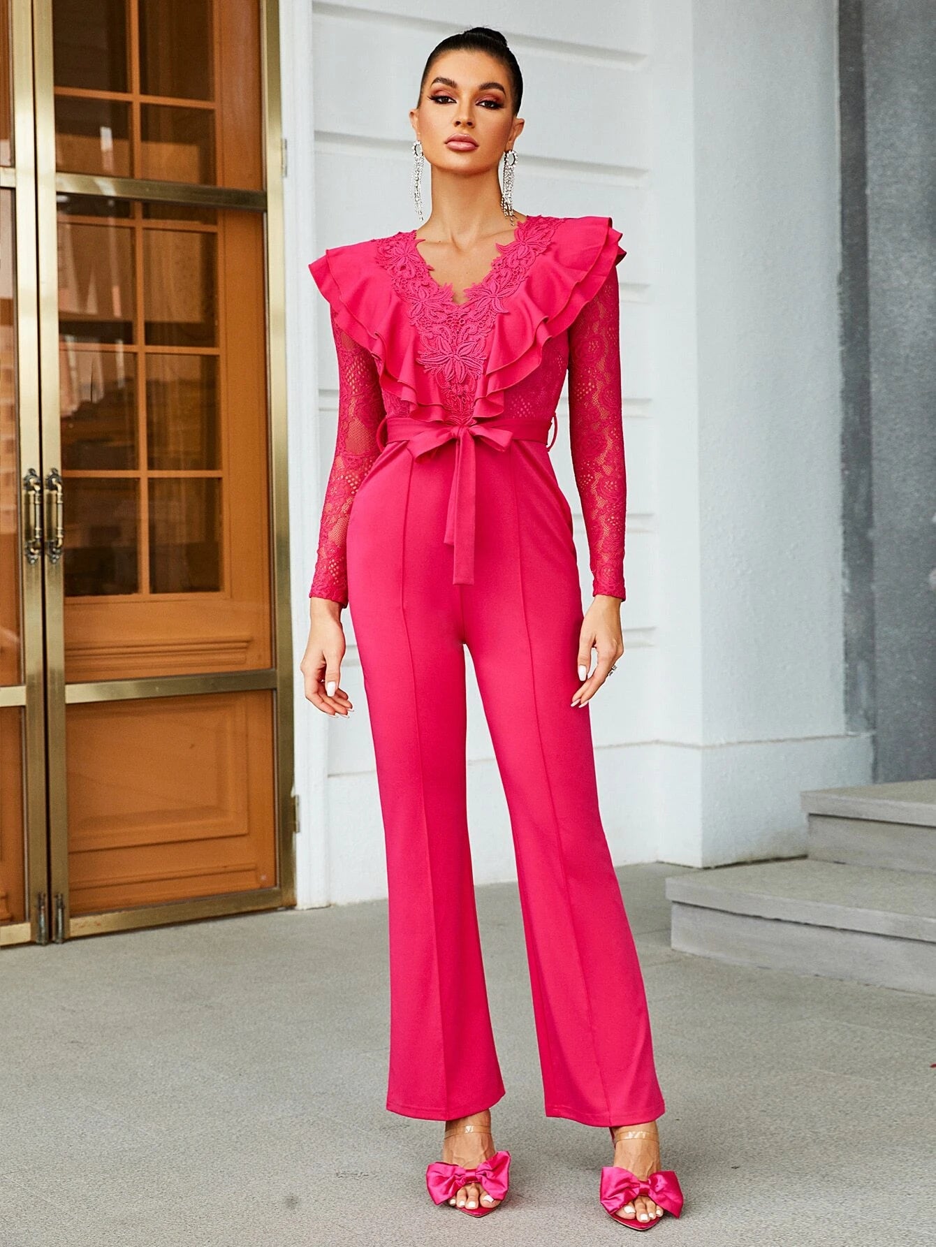 CM-JS502041 Women Elegant Seoul Style Contrast Lace Ruffle Trim Belted Flare Leg Jumpsuit