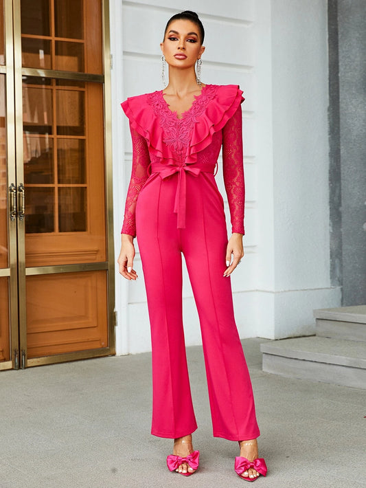 CM-JS502041 Women Elegant Seoul Style Contrast Lace Ruffle Trim Belted Flare Leg Jumpsuit