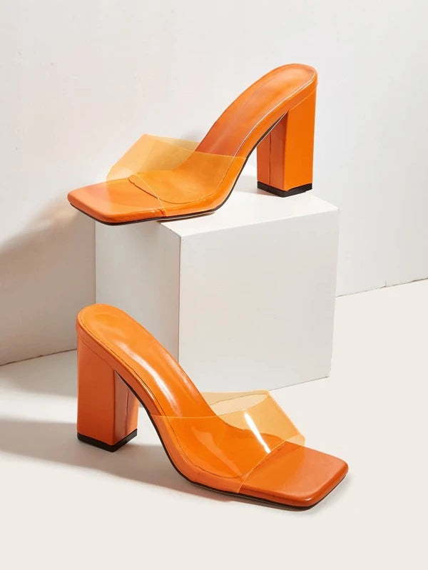 CM-SHS866368 Women Trendy Seoul Style Minimalist Chunky Heeled Mule Sandals - Orange