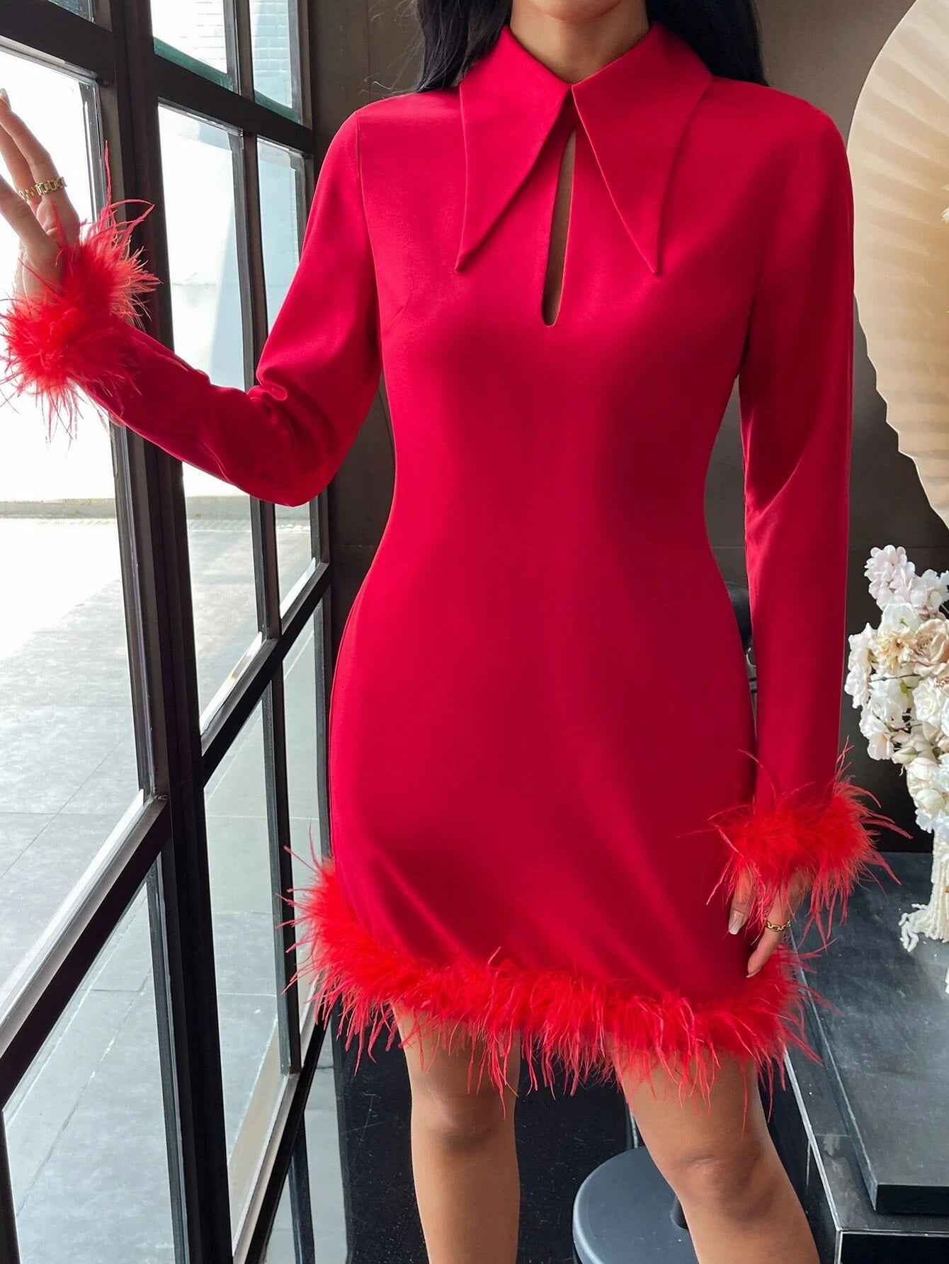 CM-DS140961 Women Elegant Seoul Style Long Sleeve Solid Fuzzy Trim Bodycon Dress - Red