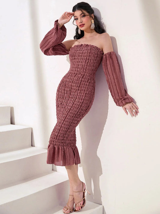 CM-DS283232 Women Elegant Seoul Style Off Shoulder Lantern Sleeve Mermaid Hem Bodycon Dress