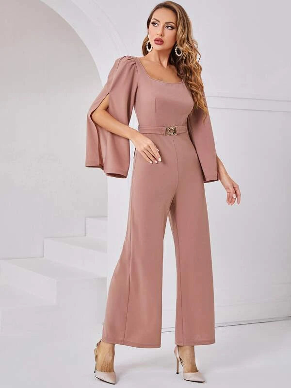 CM-JS662427 Women Elegant Seoul Style Split Sleeve Wide Leg Belted Jumpsuit - Dusty Pink