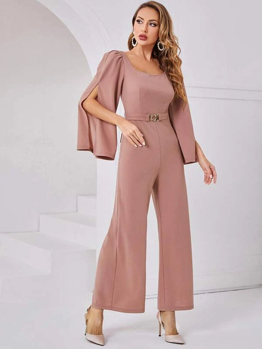 CM-JS662427 Women Elegant Seoul Style Split Sleeve Wide Leg Belted Jumpsuit - Dusty Pink