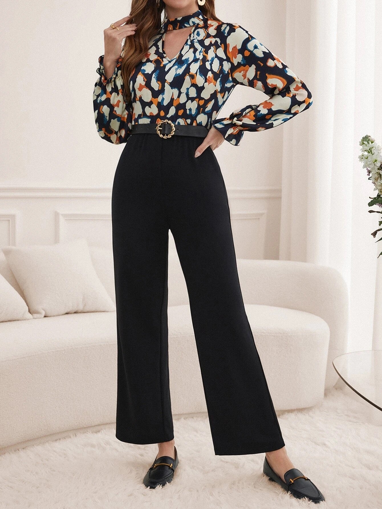 CM-JS722711 Women Casual Seoul Style Long Sleeve Graphic Print Choker Neck Jumpsuit