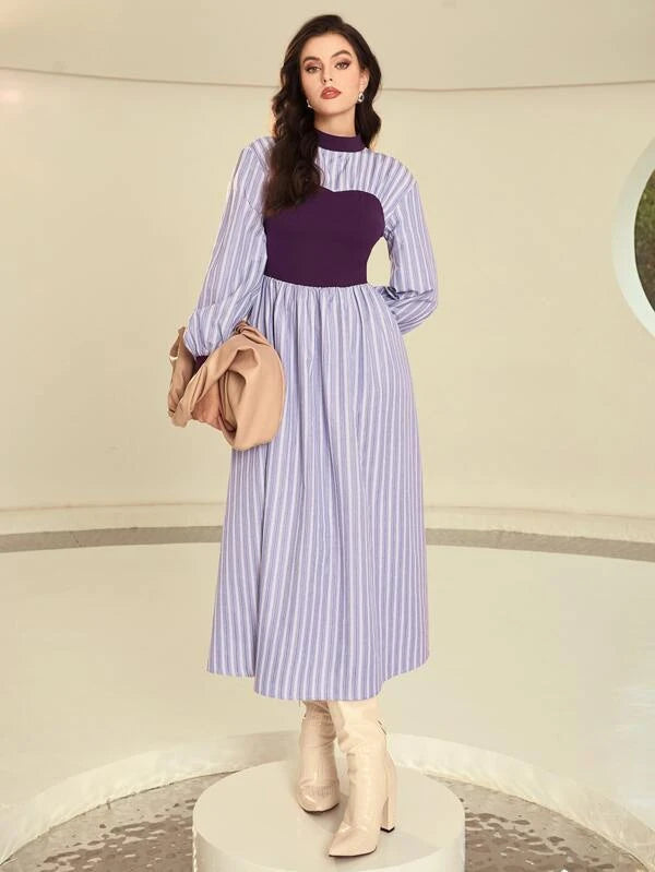 CM-DS671242 Women Casual Seoul Style Striped Mock Neck Lantern Sleeve Dress - Purple