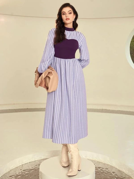 CM-DS671242 Women Casual Seoul Style Striped Mock Neck Lantern Sleeve Dress - Purple