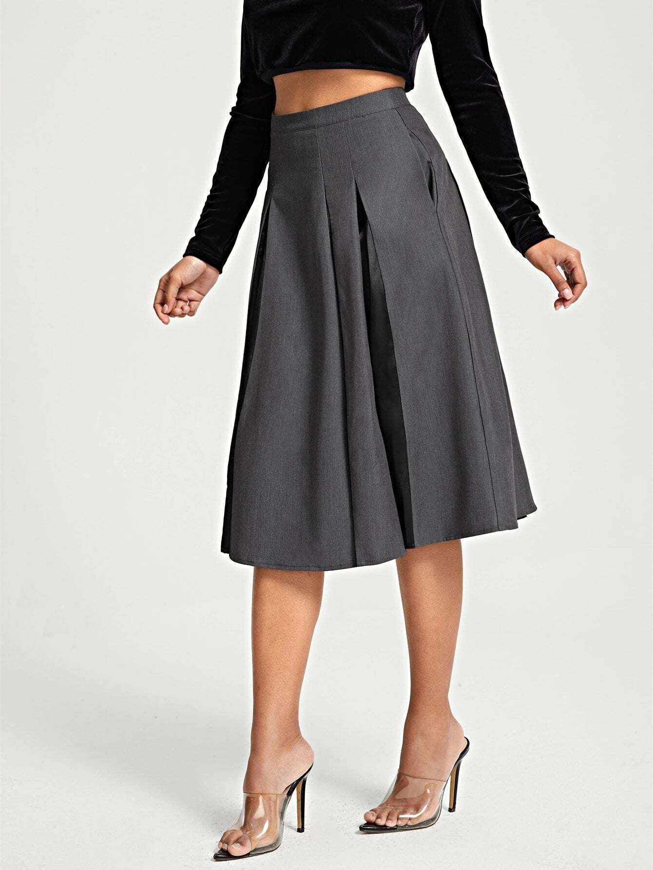 CM-BS073246 Women Elegant Seoul Style High Waist Solid Fold Pleated Skirt - Dark Gray