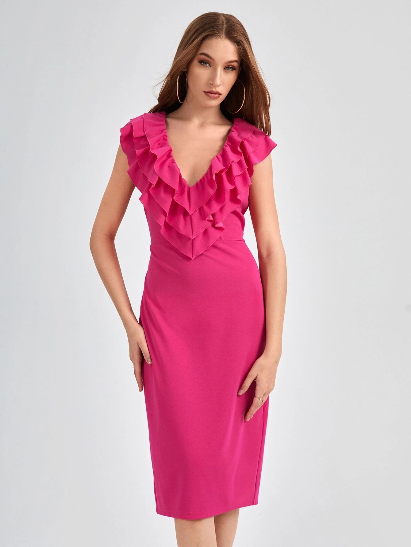 CM-DS282223 Women Elegant Seoul Style Layered Ruffle Trim Split Back Fitted Dress - Hot Pink