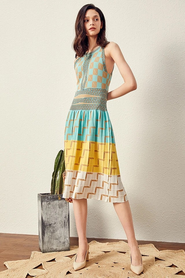 CM-DF060108 Women Casual Seoul Style Sleeveless Plaids Knitting Tank Long Dress