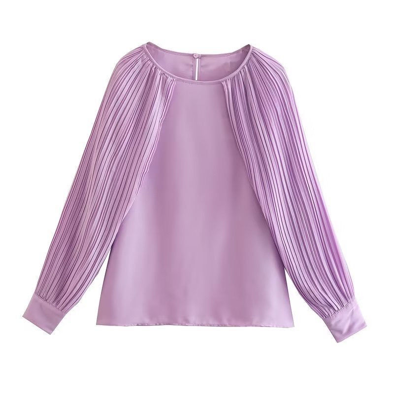 CM-T008943 Women Charming European Style Round Neck Small Pleated Cape Shirt - Purple