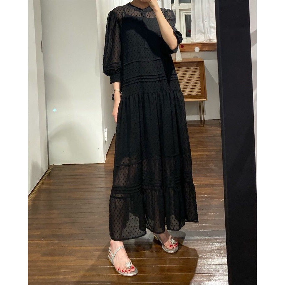 CM-DF002022 Women Casual Seoul Style Loose Long Sleeve Mesh Dress - Black