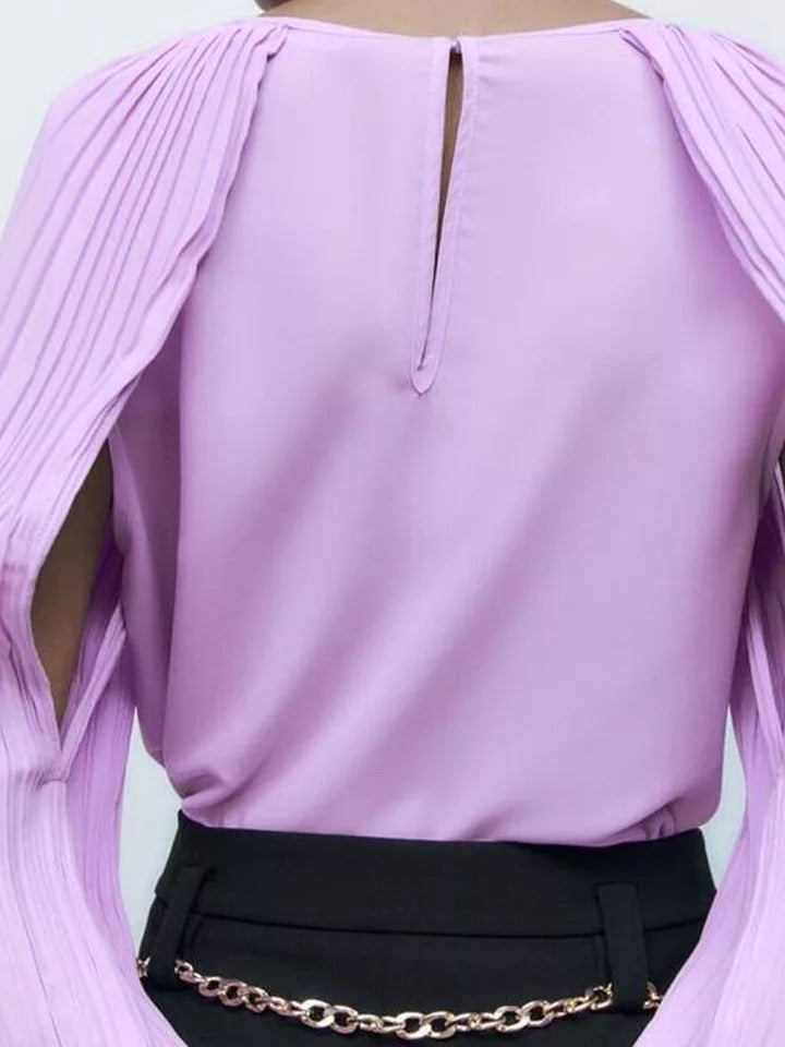 CM-T008943 Women Charming European Style Round Neck Small Pleated Cape Shirt - Purple