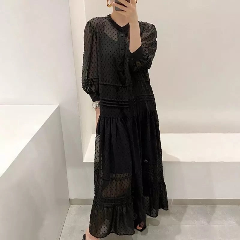 CM-DF002022 Women Casual Seoul Style Loose Long Sleeve Mesh Dress - Black